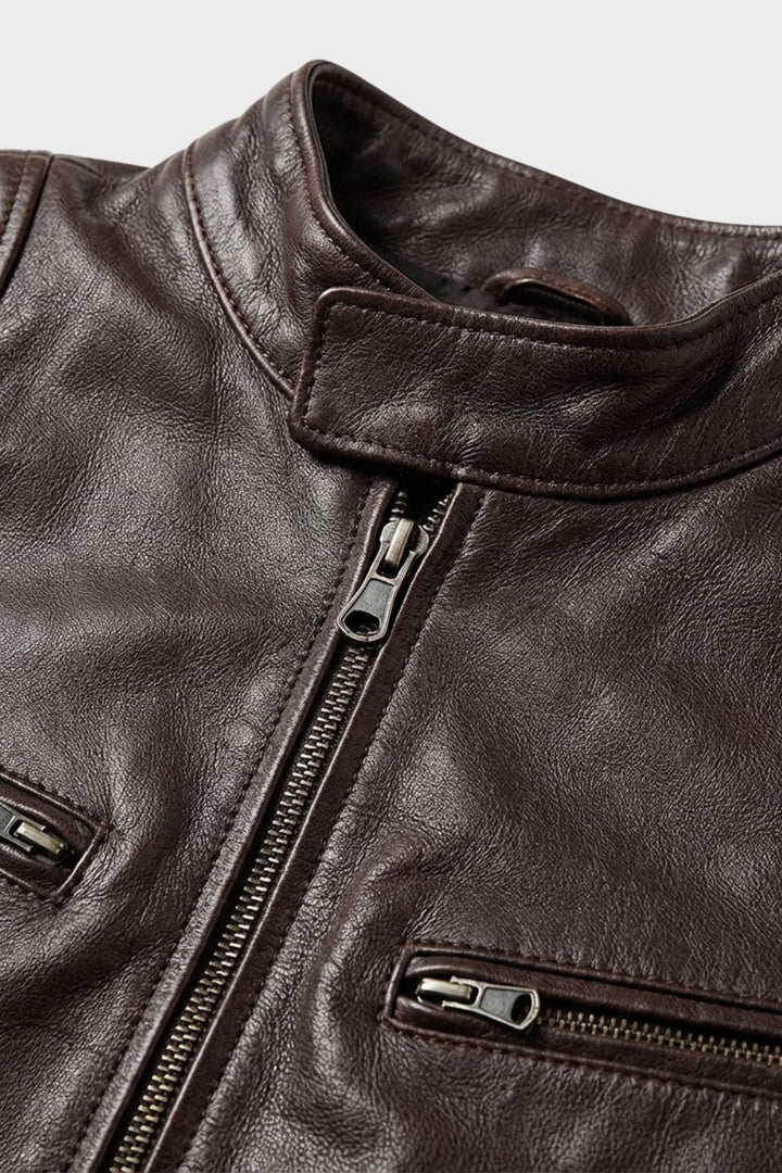 Men's waist-length biker jacket with stand collar, long sleeves and multiple zip pockets
