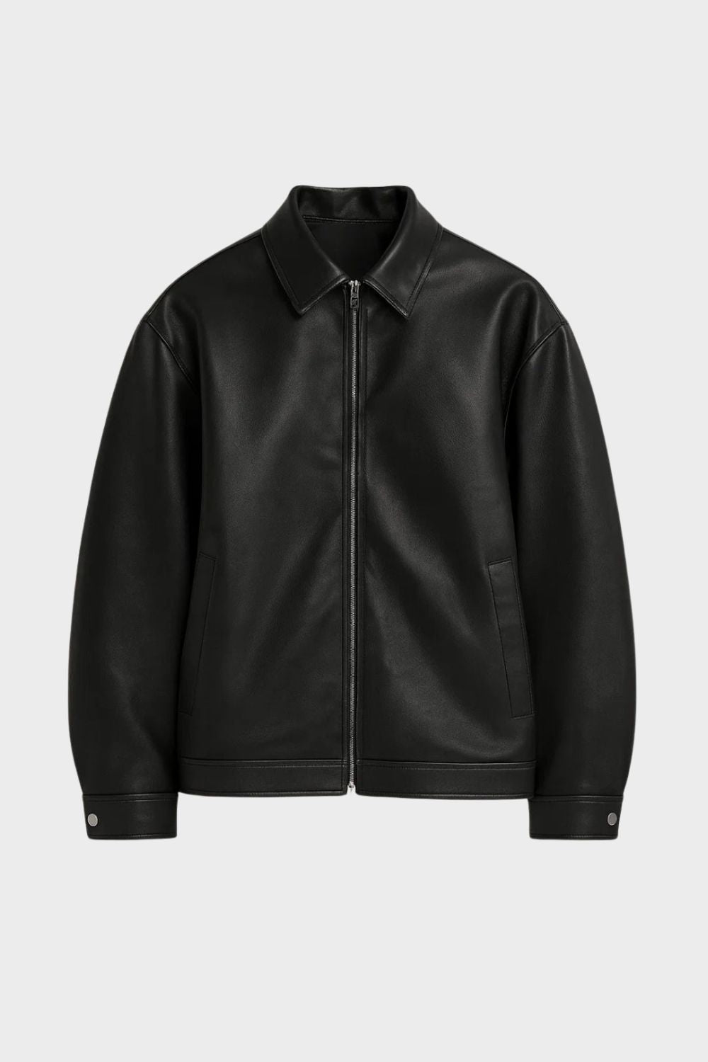 Men's black jacket with pointed collar, front zipper, side pockets and snap cuffs