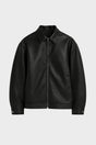 Men's black jacket with pointed collar, front zipper, side pockets and snap cuffs