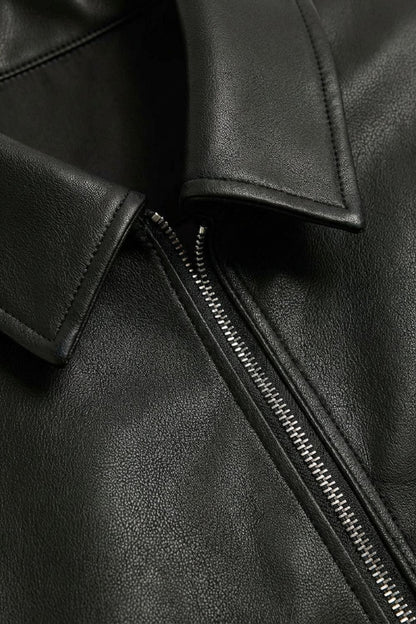 Men's black jacket with pointed collar, front zipper, side pockets and snap cuffs