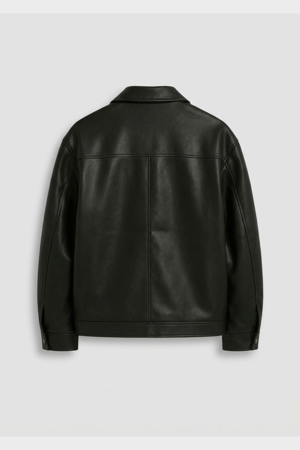 Men's black jacket with pointed collar, front zipper, side pockets and snap cuffs