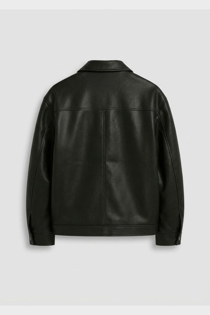Men's black jacket with pointed collar, front zipper, side pockets and snap cuffs