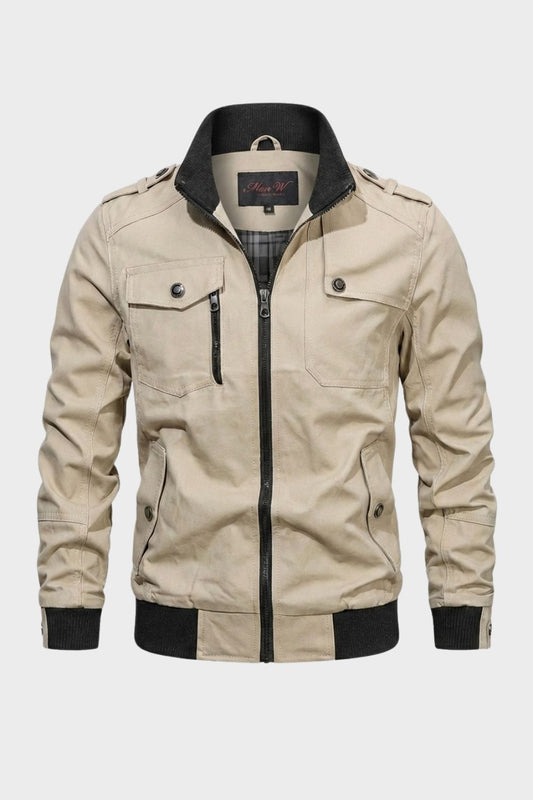 Men's stand collar utility jacket with front zipper, multiple pockets and ribbed trims