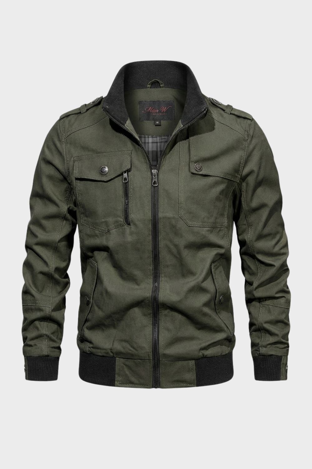 Men's stand collar utility jacket with front zipper, multiple pockets and ribbed trims
