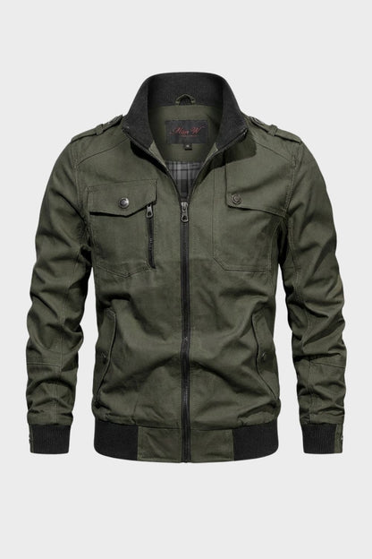 Men's stand collar utility jacket with front zipper, multiple pockets and ribbed trims