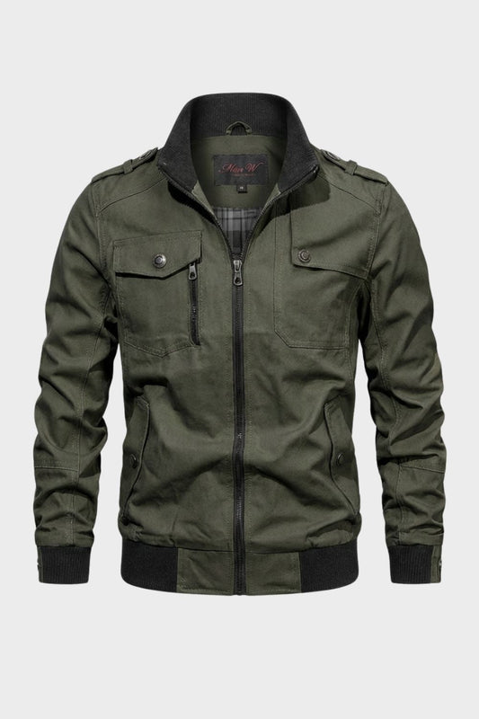 Men's stand collar utility jacket with front zipper, multiple pockets and ribbed trims
