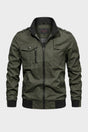 Men's stand collar utility jacket with front zipper, multiple pockets and ribbed trims