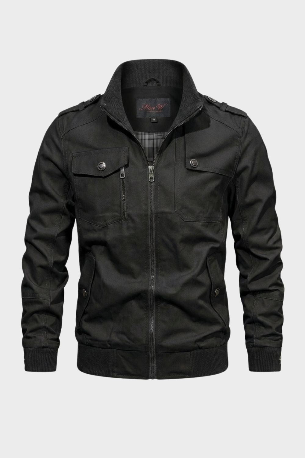 Men's stand collar utility jacket with front zipper, multiple pockets and ribbed trims