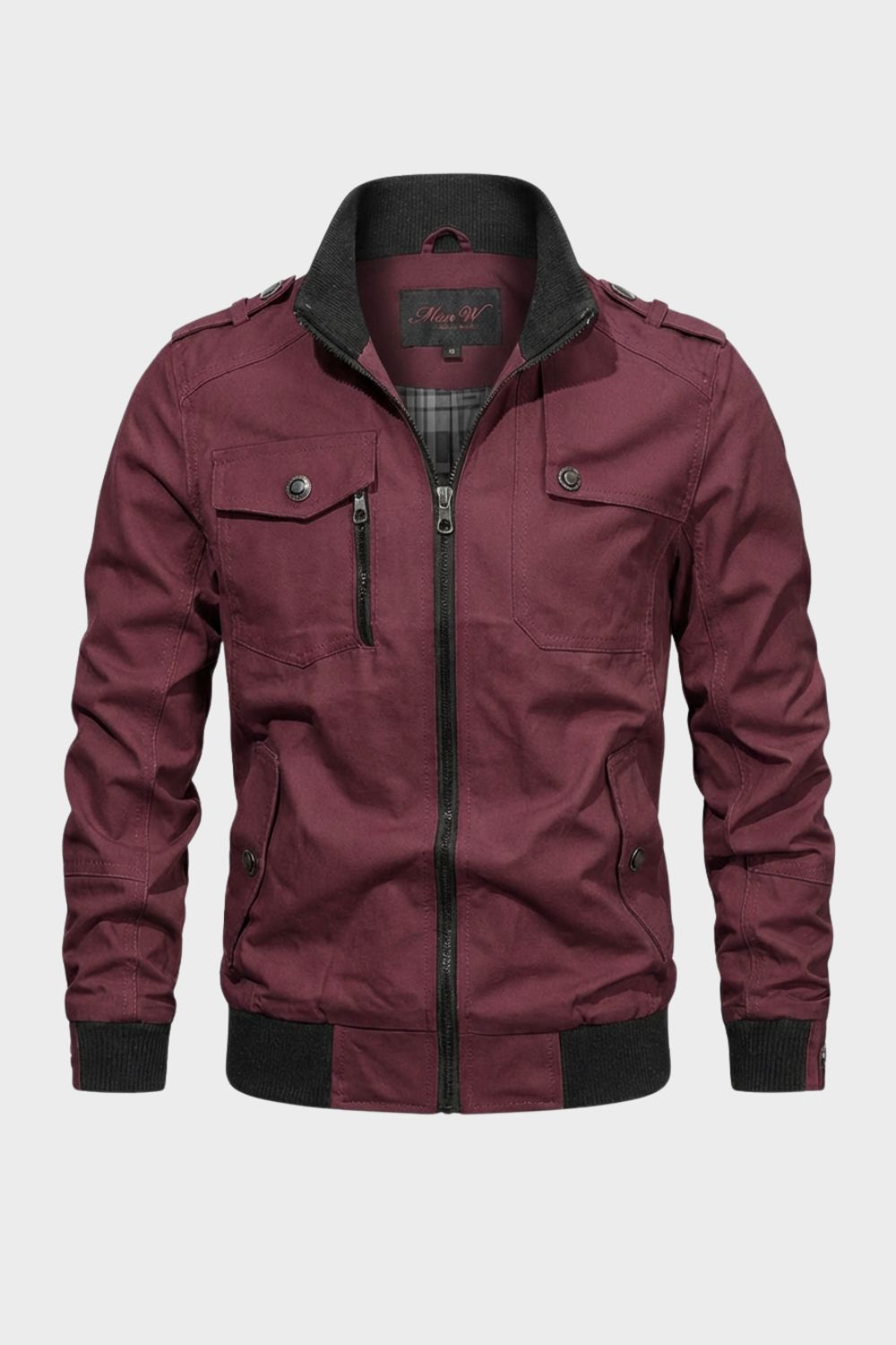 Men's stand collar utility jacket with front zipper, multiple pockets and ribbed trims