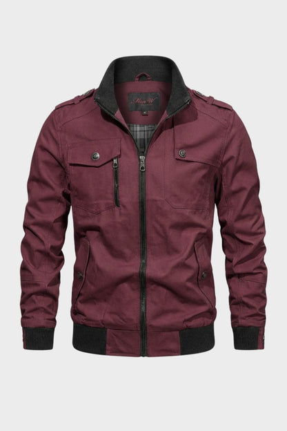 Men's stand collar utility jacket with front zipper, multiple pockets and ribbed trims
