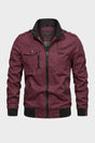 Men's stand collar utility jacket with front zipper, multiple pockets and ribbed trims