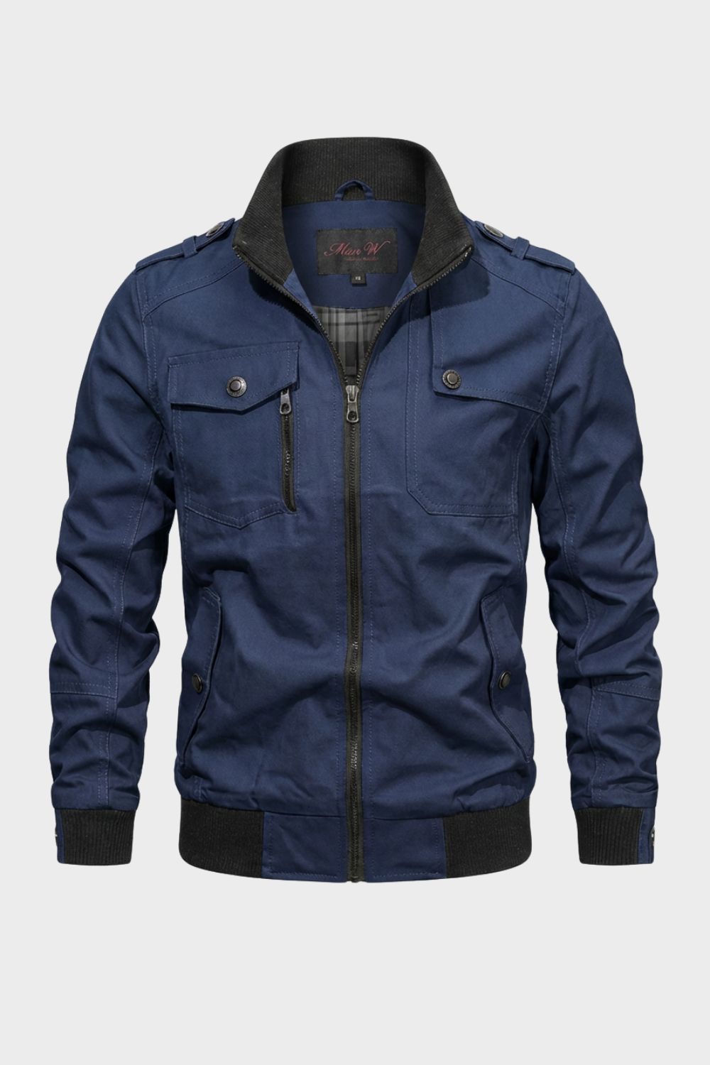 Men's stand collar utility jacket with front zipper, multiple pockets and ribbed trims
