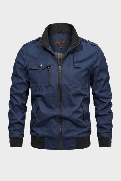 Men's stand collar utility jacket with front zipper, multiple pockets and ribbed trims