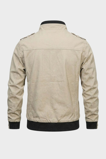 Men's stand collar utility jacket with front zipper, multiple pockets and ribbed trims