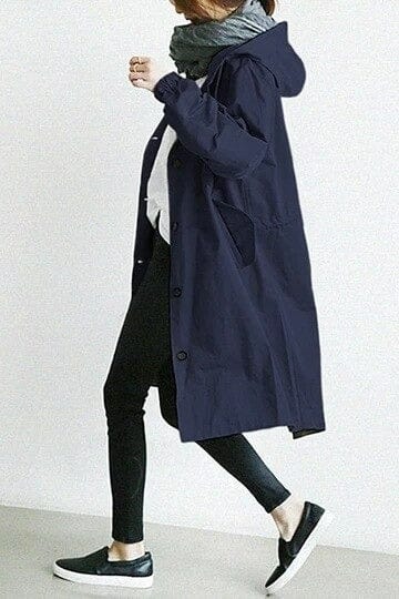 Women's long hooded raincoat with button front and patch pockets