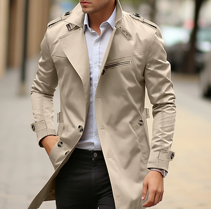 Men's long trench coat with notched collar, button front and zipped chest pocket