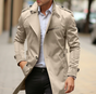 Men's long trench coat with notched collar, button front and zipped chest pocket
