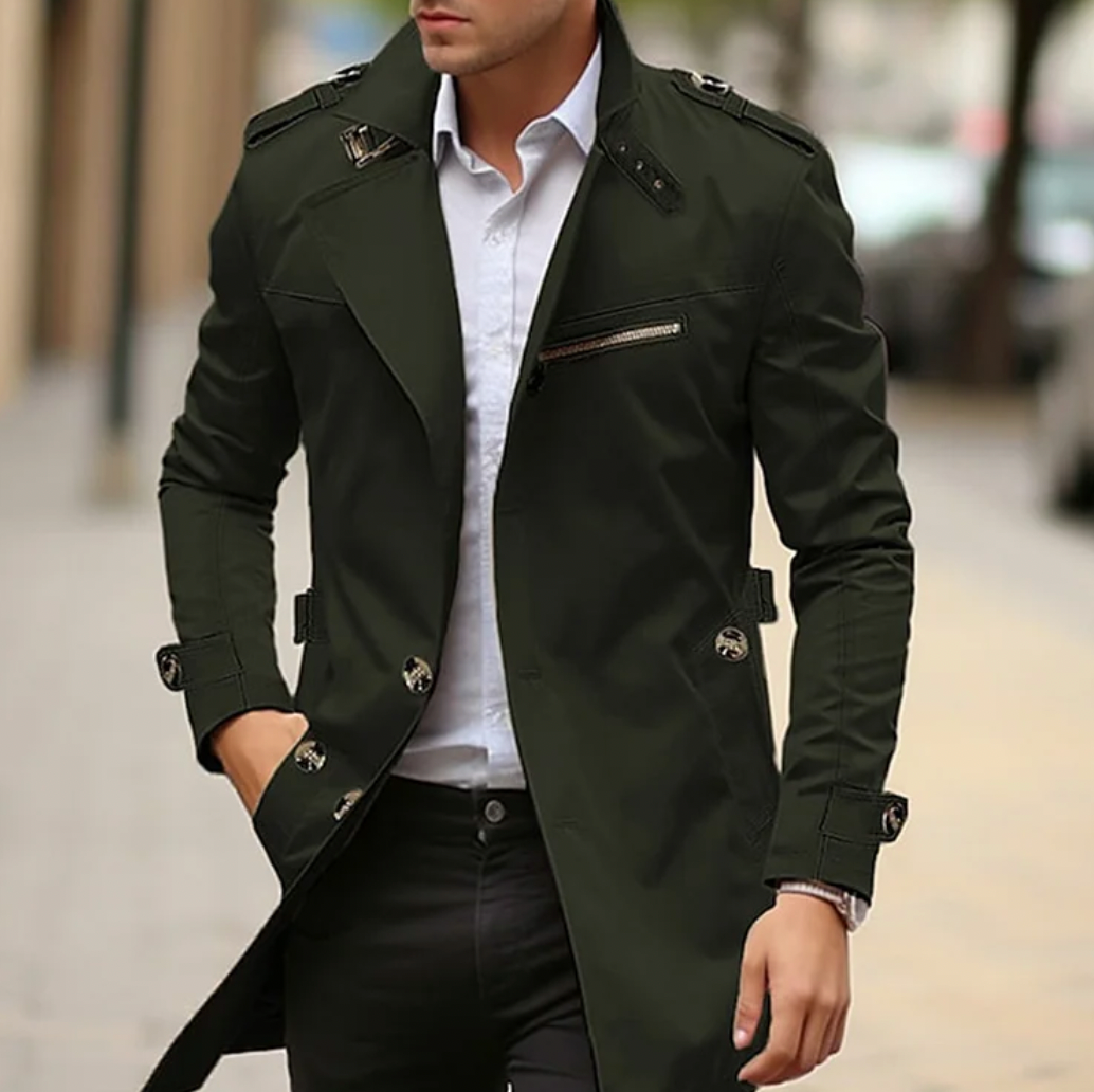 Men's long trench coat with notched collar, button front and zipped chest pocket