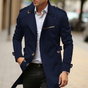 Men's long trench coat with notched collar, button front and zipped chest pocket