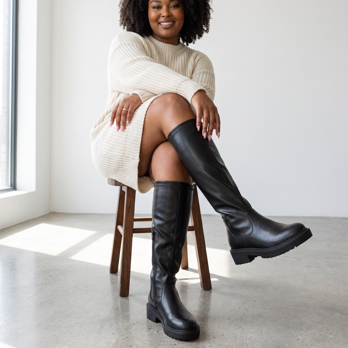 Black women's knee-high boots with round toes, low heels and side zippers