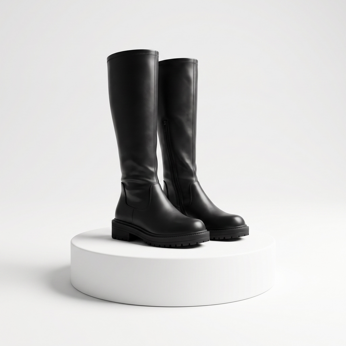 Black women's knee-high boots with round toes, low heels and side zippers