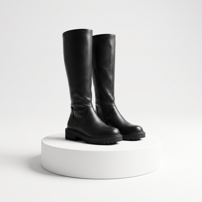 Black women's knee-high boots with round toes, low heels and side zippers