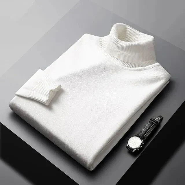 Men's plain turtleneck sweater with ribbed collar and cuffs