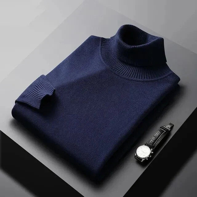 Men's plain turtleneck sweater with ribbed collar and cuffs
