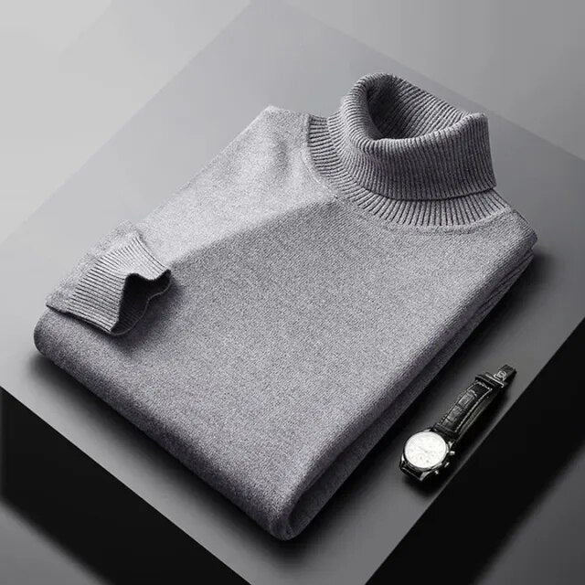 Men's plain turtleneck sweater with ribbed collar and cuffs