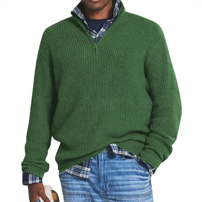 Men's ribbed quarter-zip mock neck sweater with long sleeves