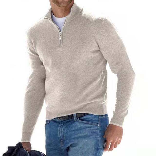 Men's long-sleeve half-zip mock neck sweater with ribbed trims