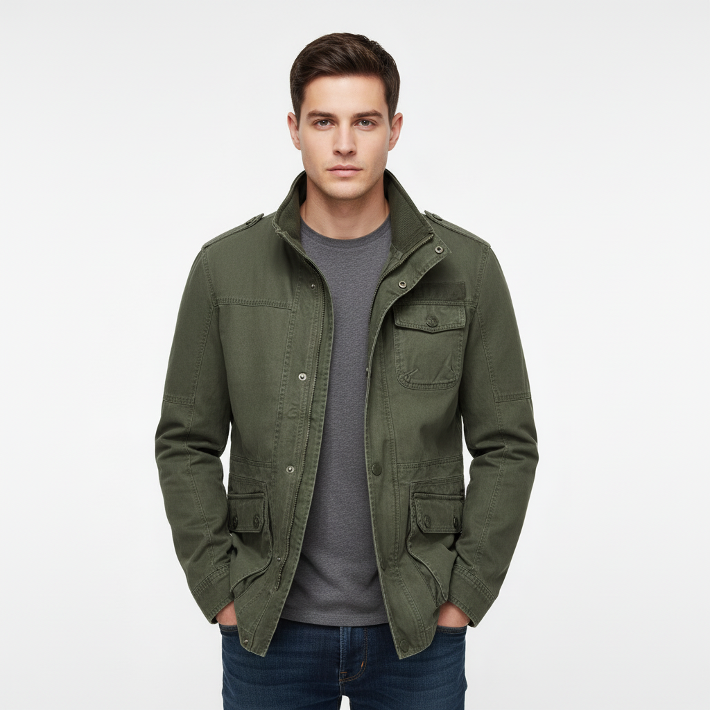 Men's high-neck utility jacket with multiple flap pockets and long sleeves