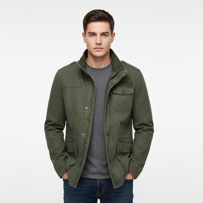 Men's high-neck utility jacket with multiple flap pockets and long sleeves