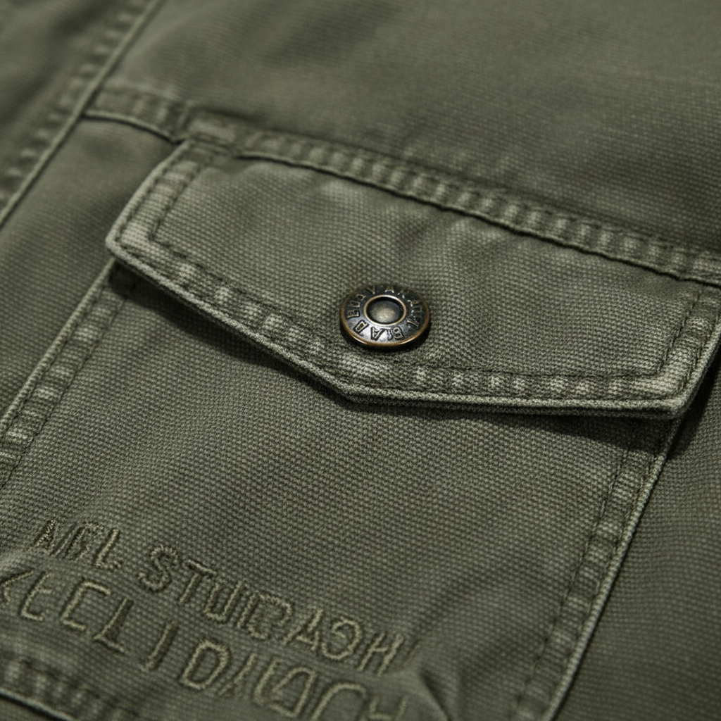 Men's high-neck utility jacket with multiple flap pockets and long sleeves