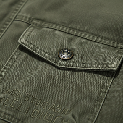 Men's high-neck utility jacket with multiple flap pockets and long sleeves