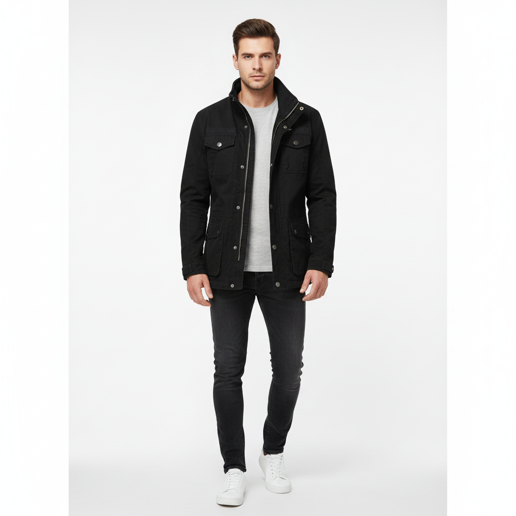 Men's high-neck utility jacket with multiple flap pockets and long sleeves