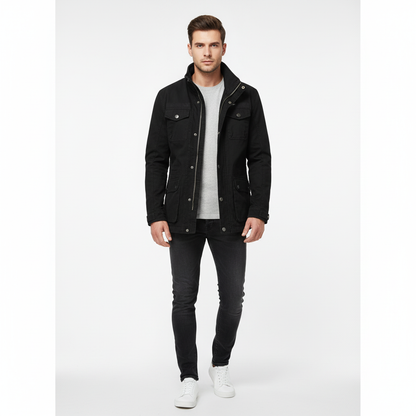 Men's high-neck utility jacket with multiple flap pockets and long sleeves
