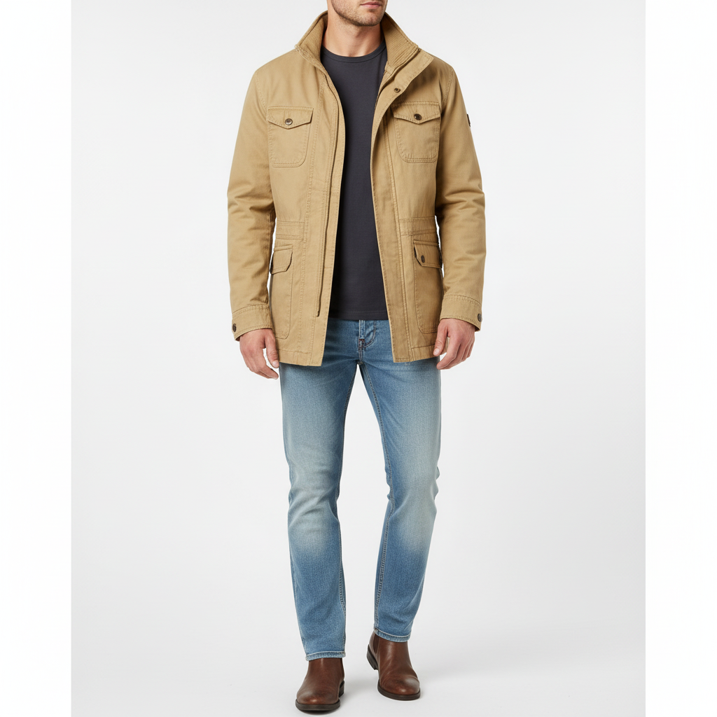Men's high-neck utility jacket with multiple flap pockets and long sleeves
