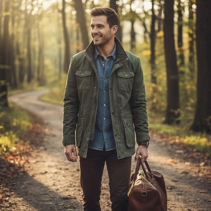 Men's high-neck utility jacket with multiple flap pockets and long sleeves