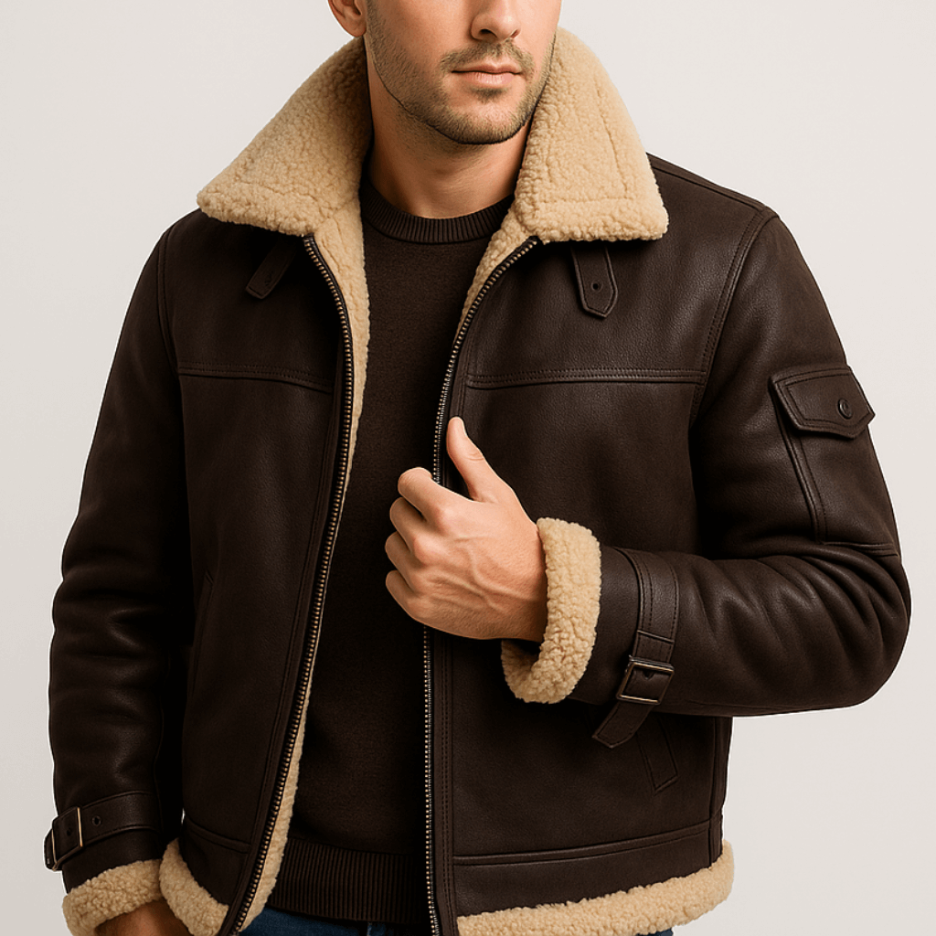 Men's jacket with contrasting shearling collar and zip front