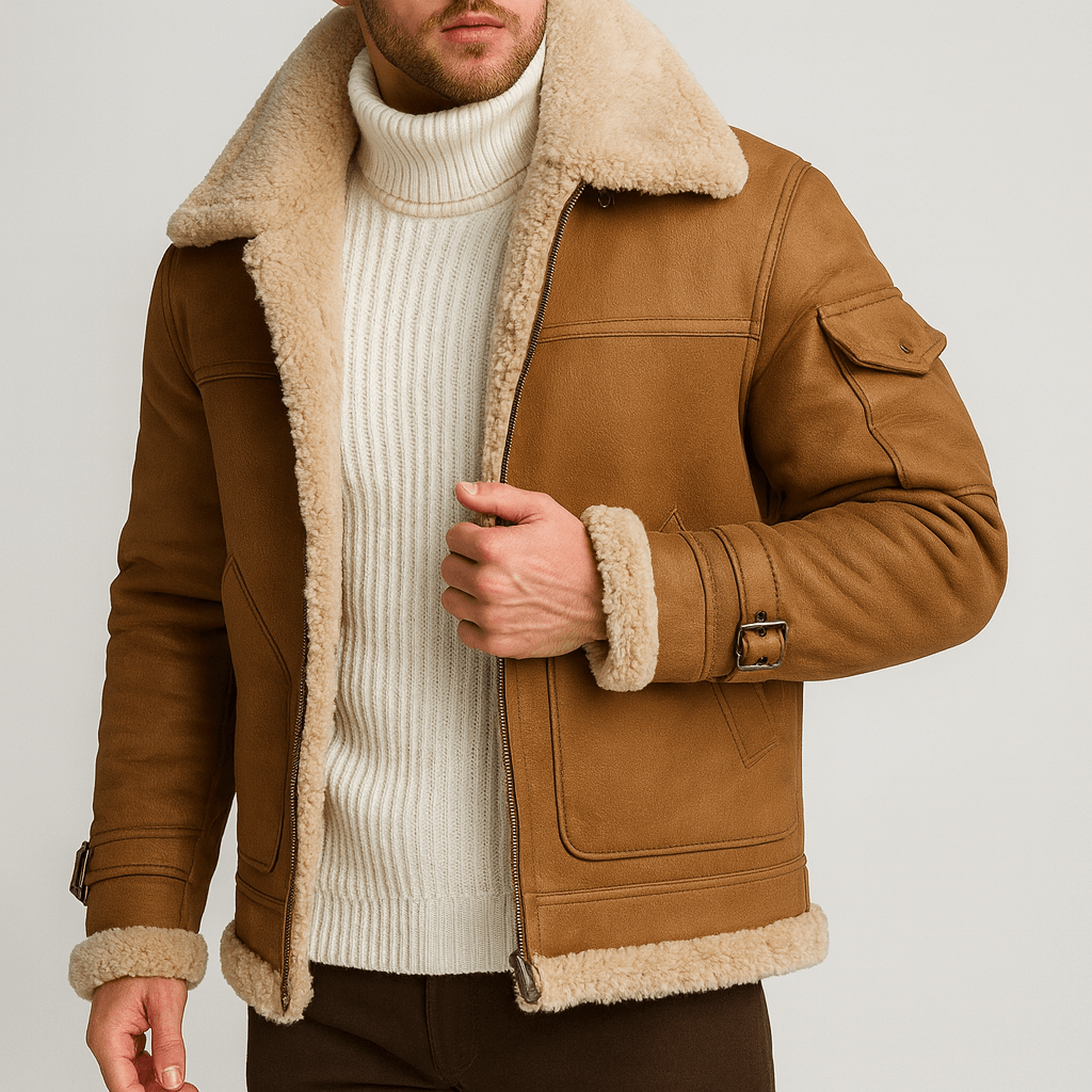 Men's jacket with contrasting shearling collar and zip front
