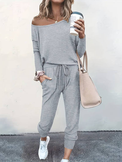 Women's off-shoulder long-sleeve top and tapered drawstring trouser set