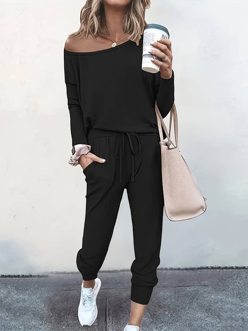 Women's off-shoulder long-sleeve top and tapered drawstring trouser set