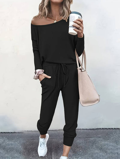Women's off-shoulder long-sleeve top and tapered drawstring trouser set