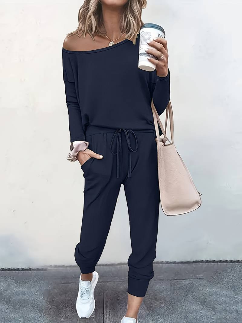Women's off-shoulder long-sleeve top and tapered drawstring trouser set