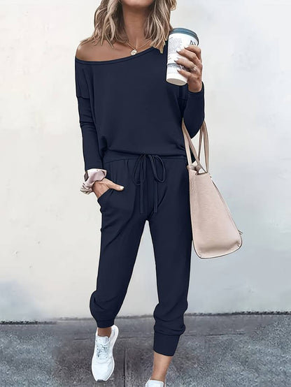 Women's off-shoulder long-sleeve top and tapered drawstring trouser set