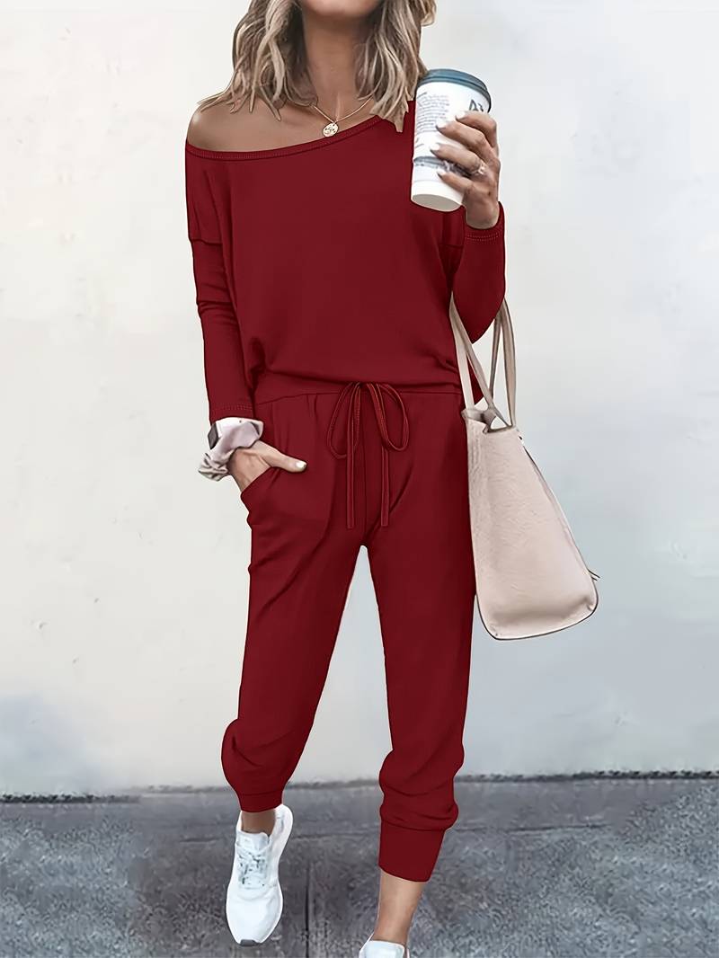 Women's off-shoulder long-sleeve top and tapered drawstring trouser set