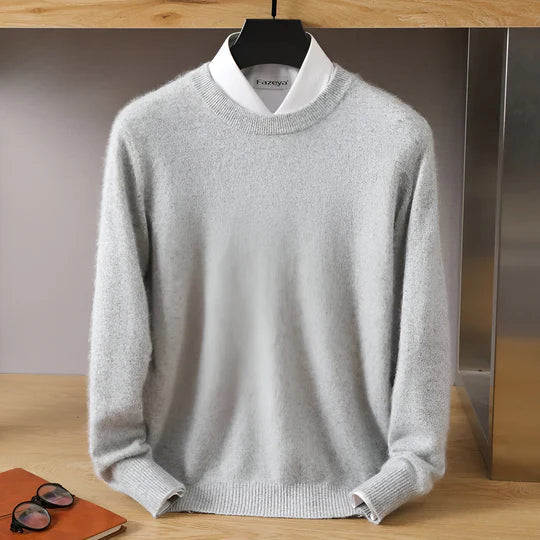Men's plain crew neck sweater with long sleeves and ribbed trims