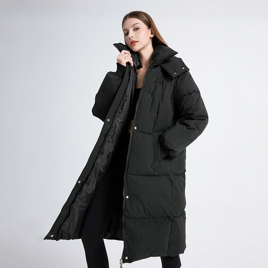 Women's long hooded puffer coat with quilted panels