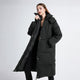 Women's long hooded puffer coat with quilted panels